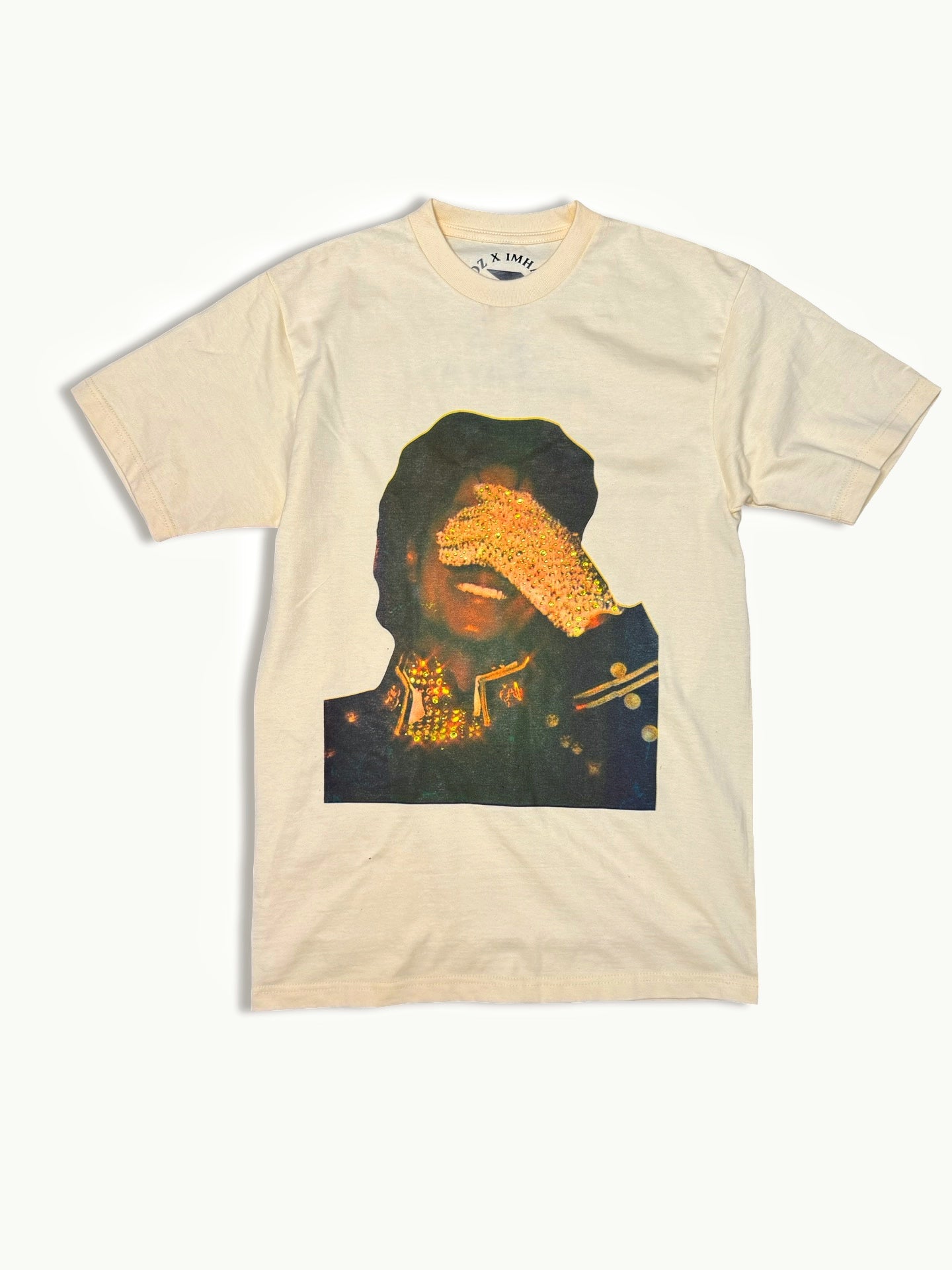 SAINT OZ x IAMHAPPY LA COLLAB — MJ Rhinestone Silence Tee (CREAM) SIZE MEDIUM