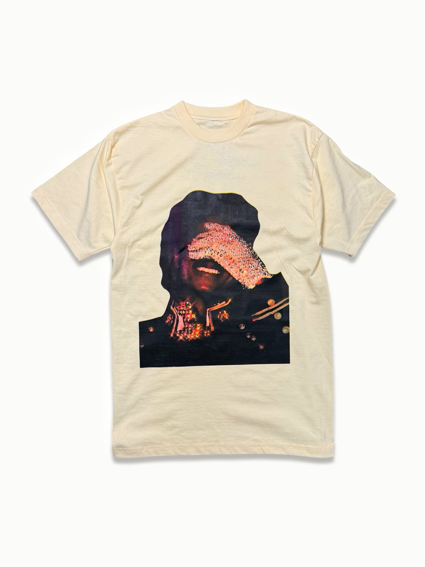 SAINT OZ x IAMHAPPY LA COLLAB — MJ Rhinestone Silence Tee (CREAM) SIZE MEDIUM