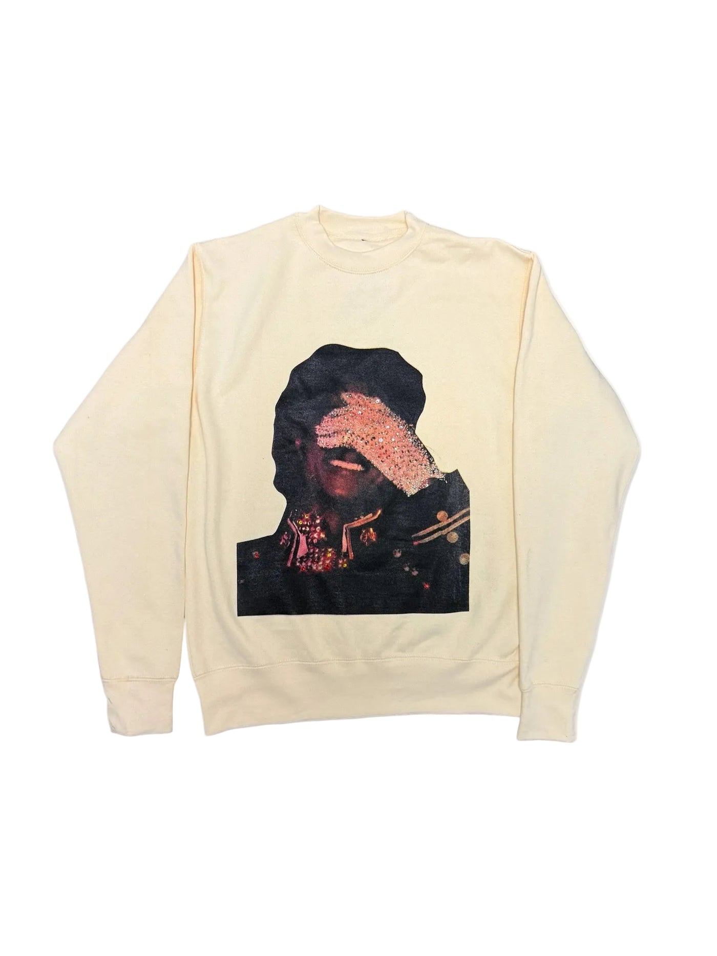 SAINT OZ x IAMHAPPY LA COLLAB — MJ Rhinestone Silence Crewneck (Vintage Cream) SIZE SMALL