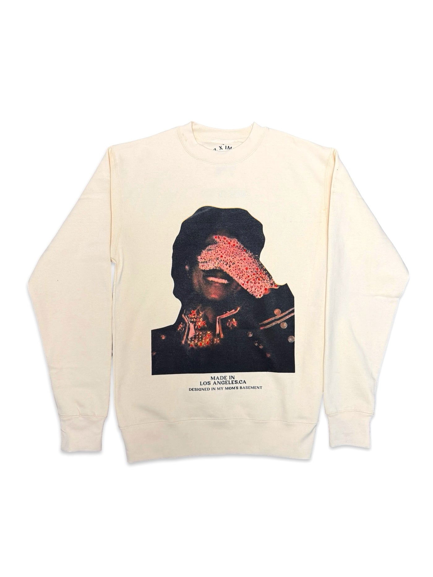 SAINT OZ x IAMHAPPY LA COLLAB — MJ Rhinestone Silence Crewneck (Vintage Cream) SIZE M