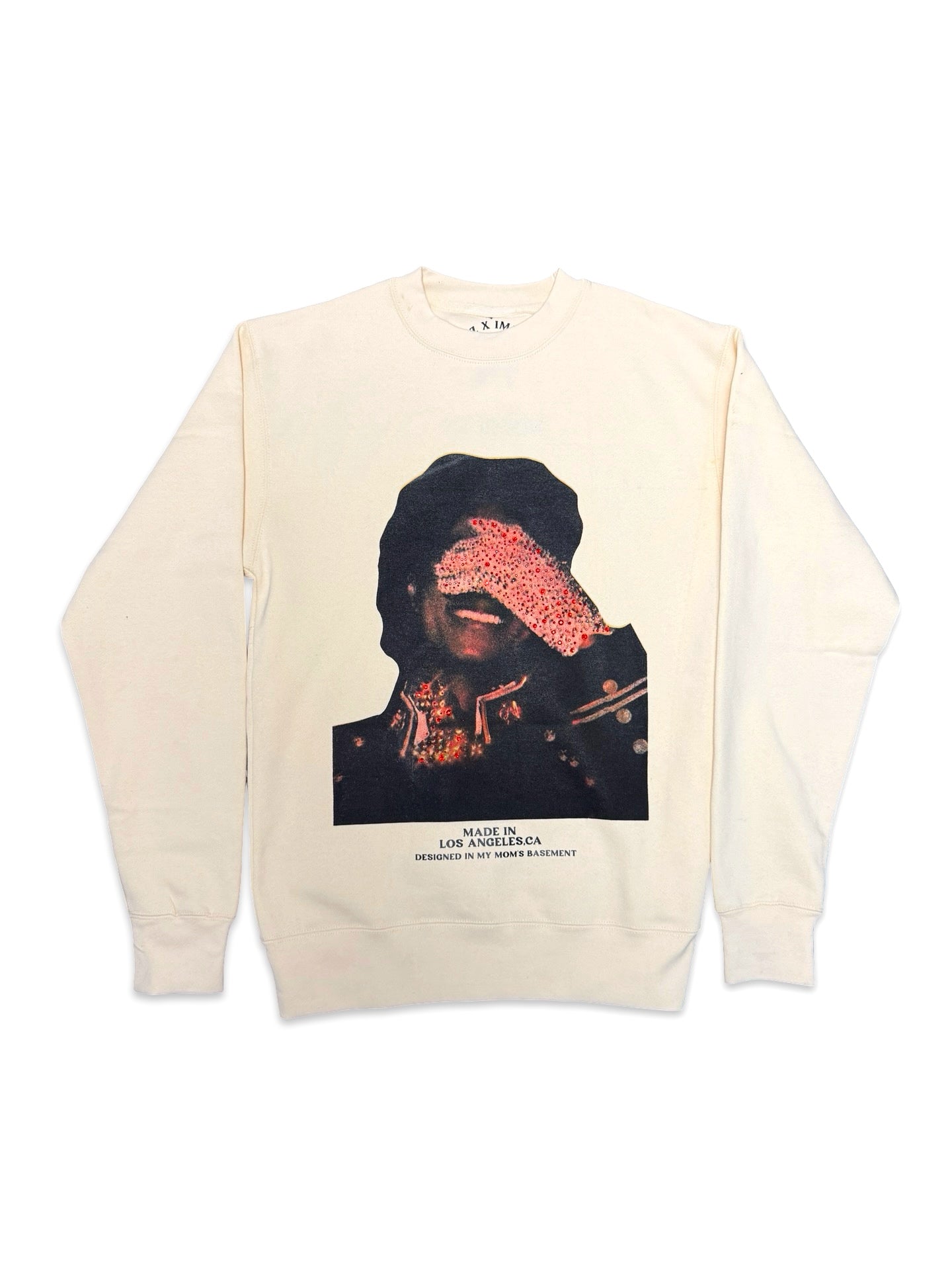 SAINT OZ x IAMHAPPY LA COLLAB — MJ Rhinestone Silence Crewneck (Vintage Cream) SIZE M
