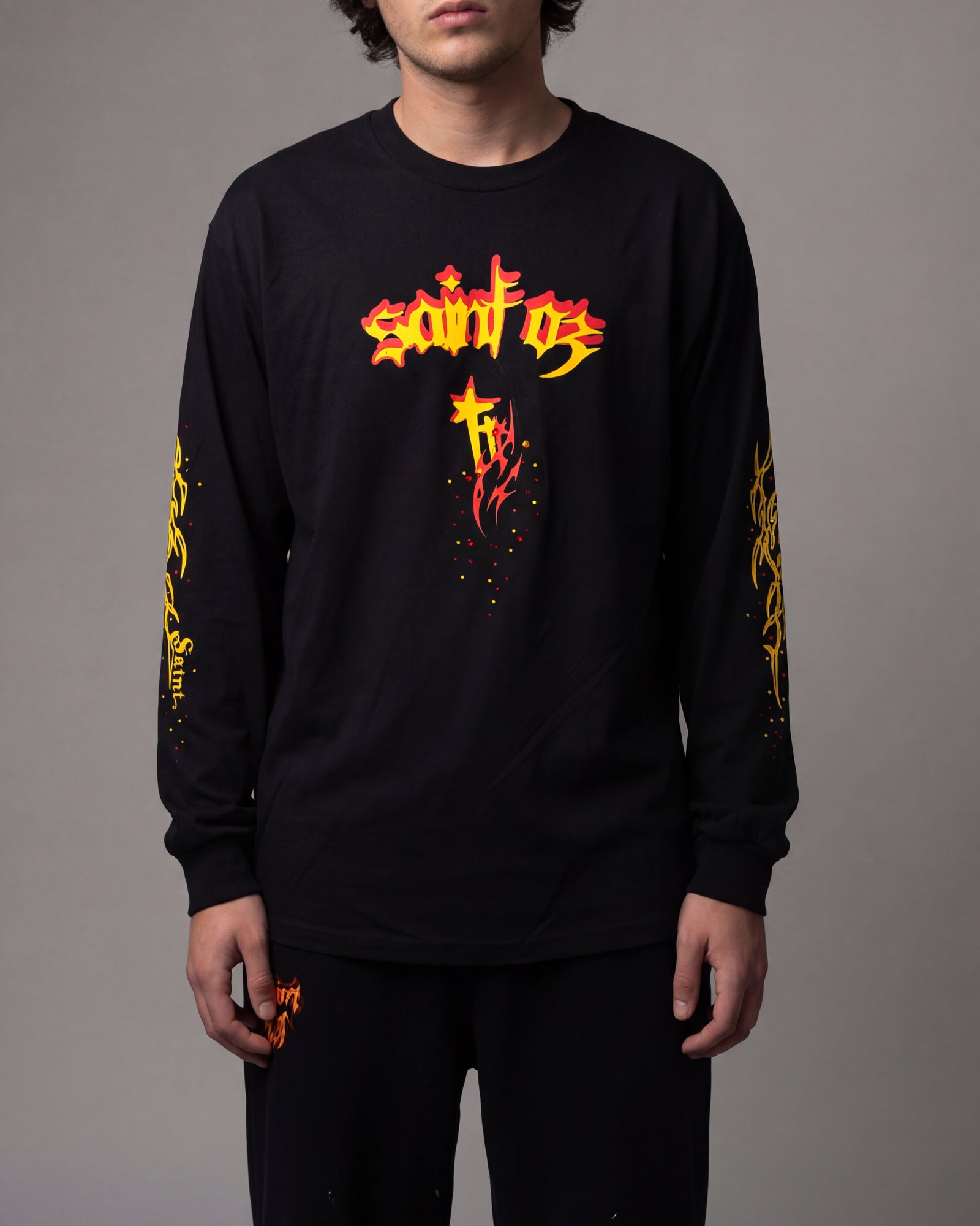 Studio Work No. 021 — TRIBAL FLAME CROSS PEARL LONG SLEEVE — BLACK