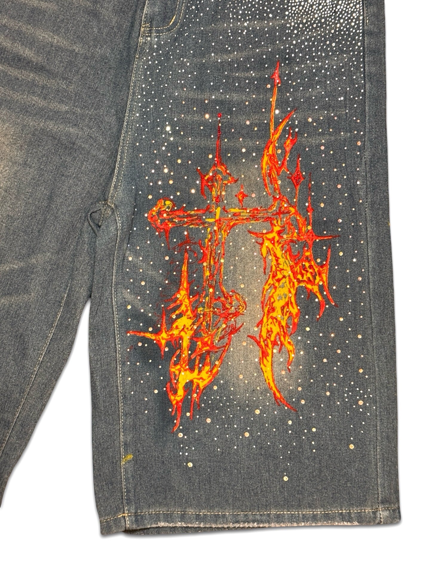 Recovered Artifact No. 037 — FLAREFORGE RHINESTONE JORTS — (SIZE 32)