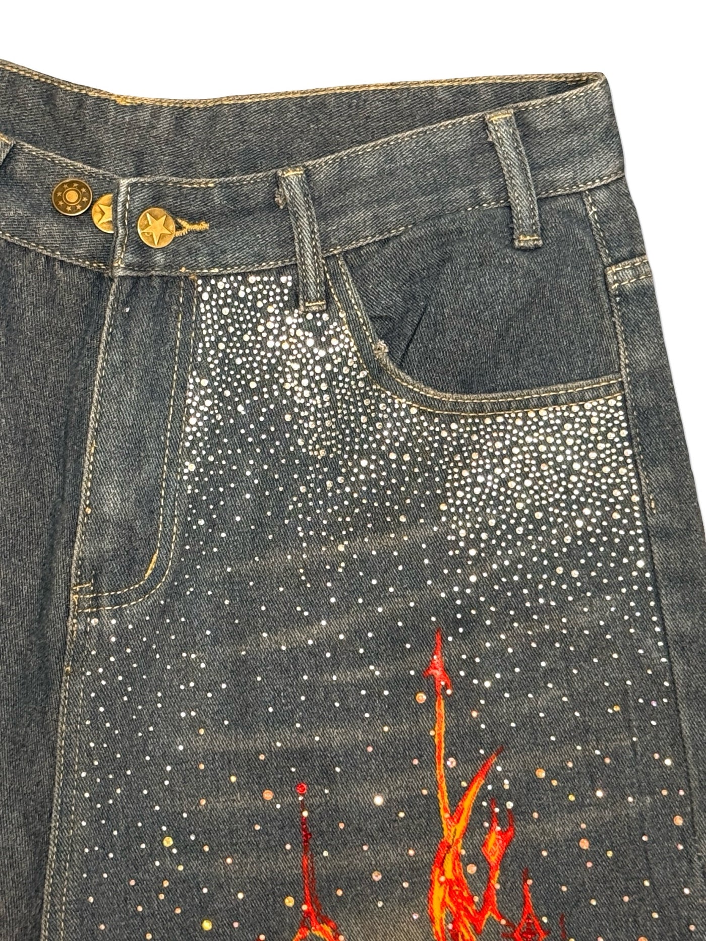 Recovered Artifact No. 037 — FLAREFORGE RHINESTONE JORTS — (SIZE 32)