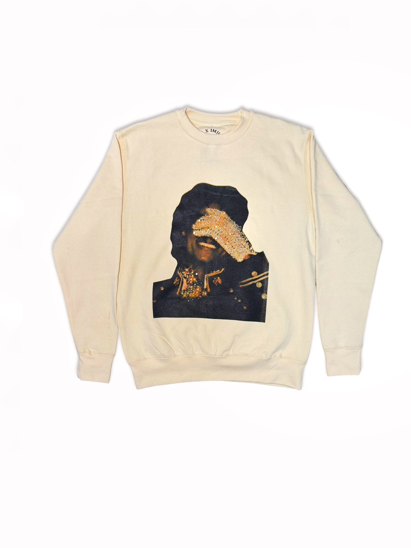 SAINT OZ x IAMHAPPY LA COLLAB — MJ Rhinestone Silence Crewneck (Vintage Cream) SIZE LARGE