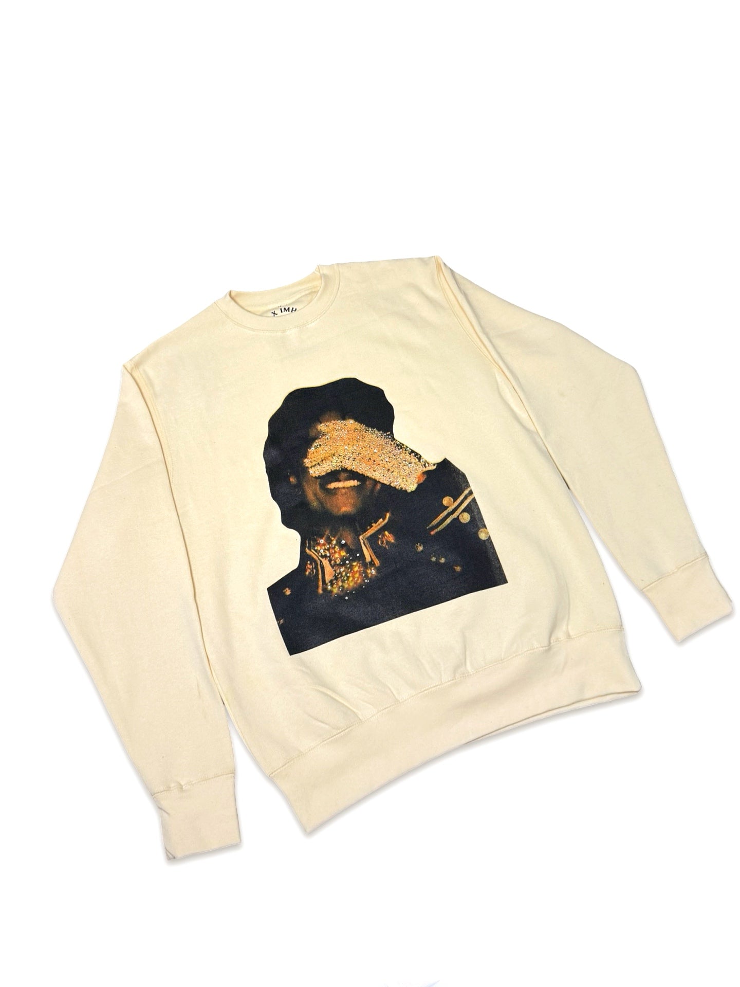SAINT OZ x IAMHAPPY LA COLLAB — MJ Rhinestone Silence Crewneck (Vintage Cream) SIZE LARGE