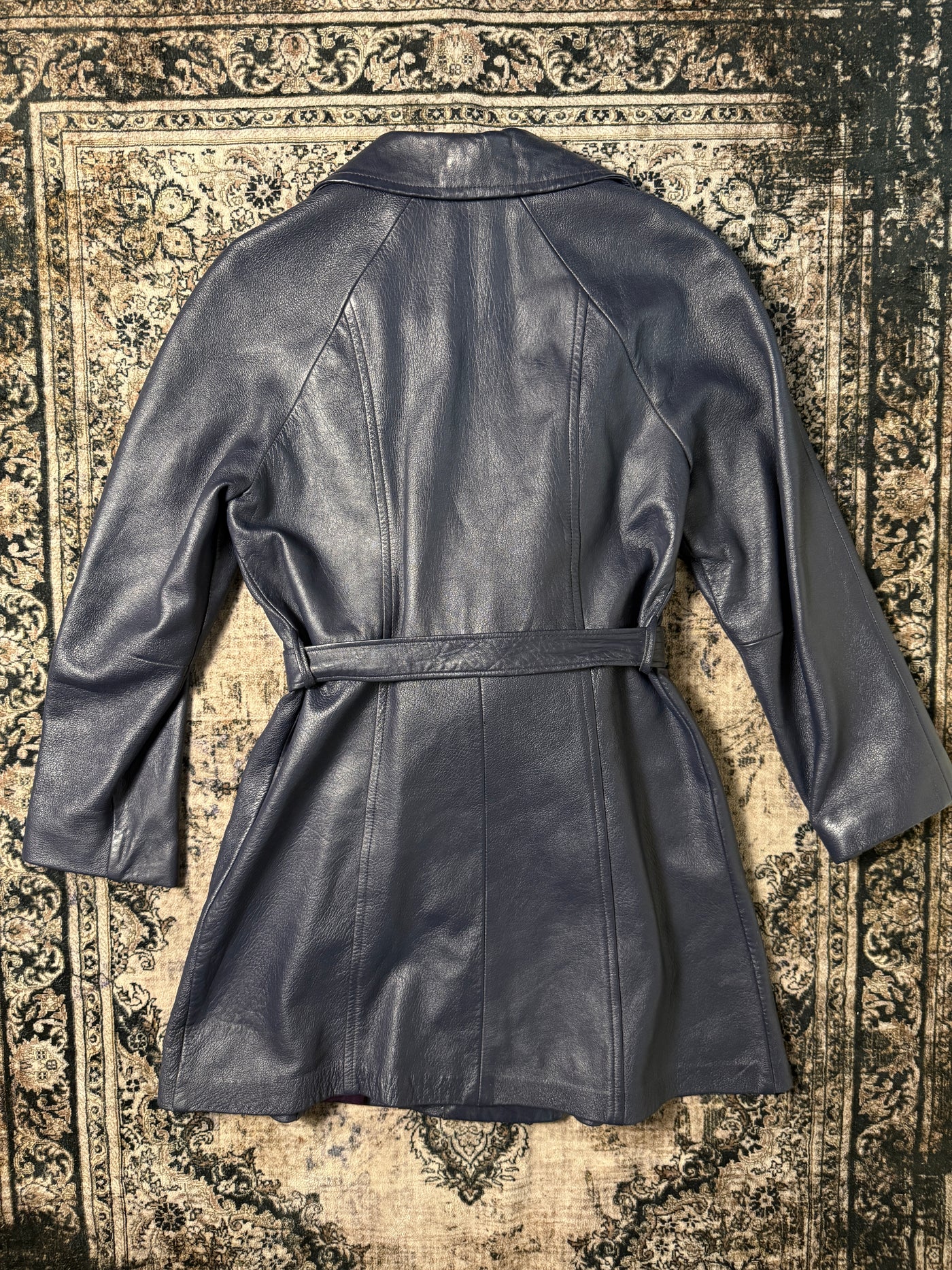 VTG 2-POCKET NAVY BLUE LEATHER WOMEN'S COAT