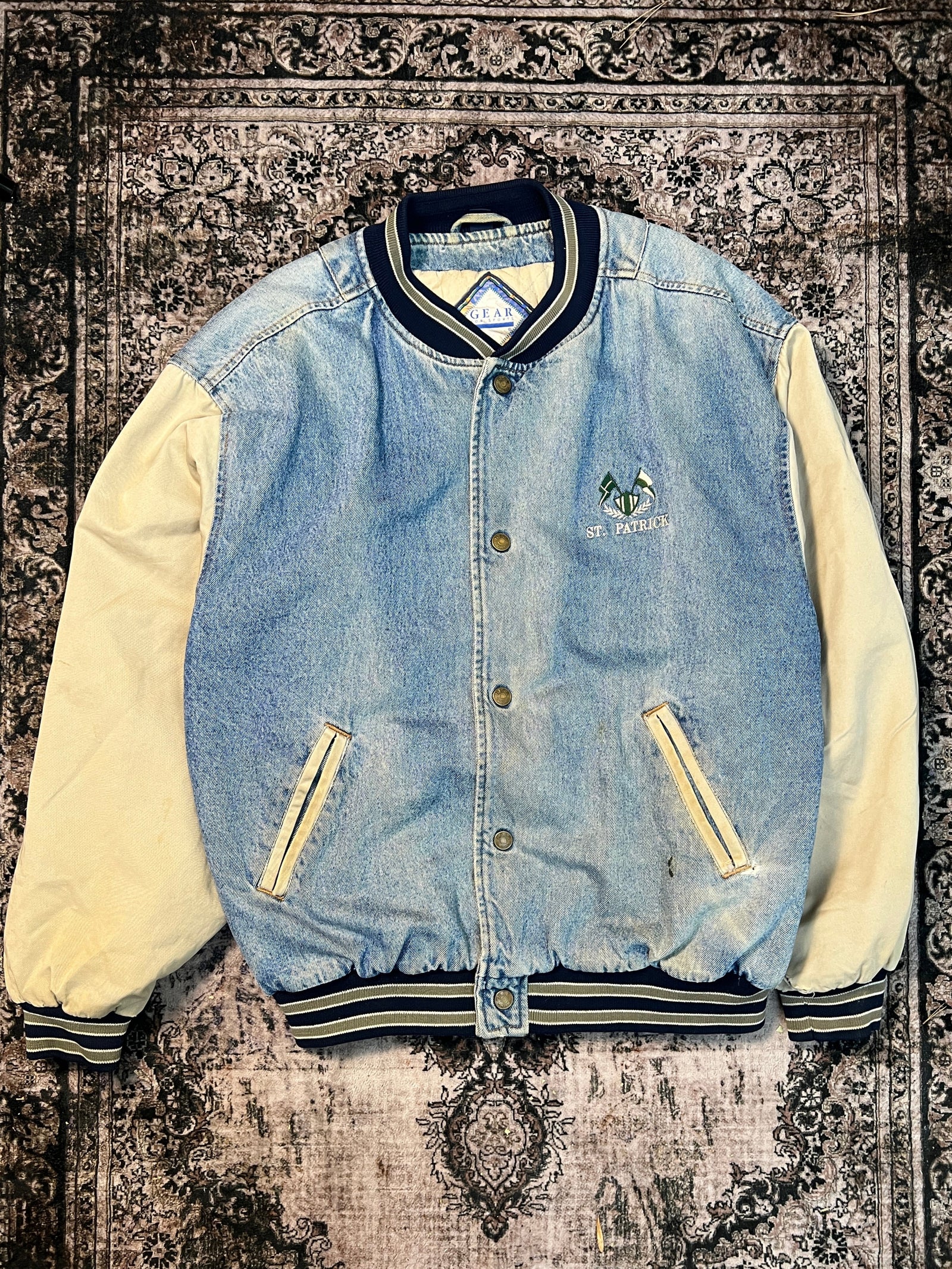 VTG St. Patrick Denim/Khaki Quilt Lined Varsity Jacket (Sz L)
