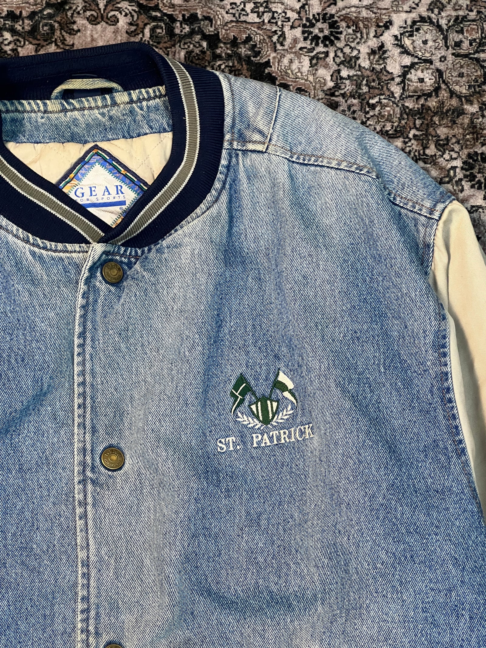 VTG St. Patrick Denim/Khaki Quilt Lined Varsity Jacket (Sz L)