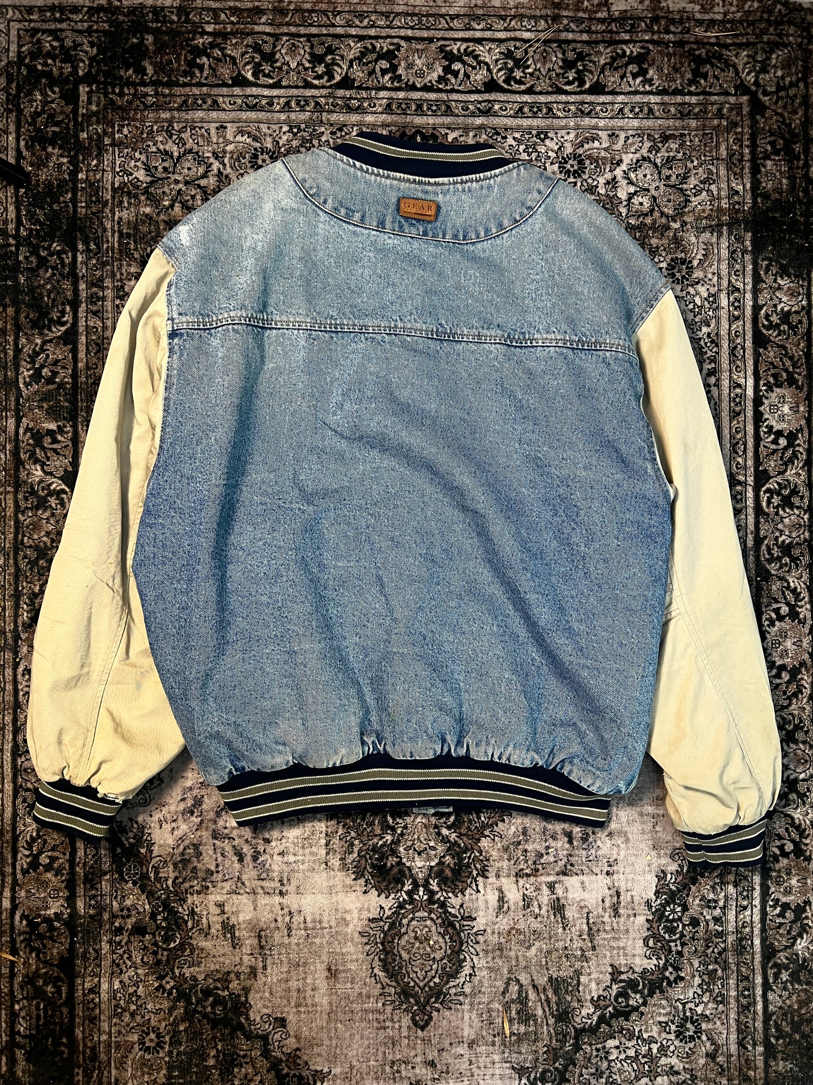 VTG St. Patrick Denim/Khaki Quilt Lined Varsity Jacket (Sz L)