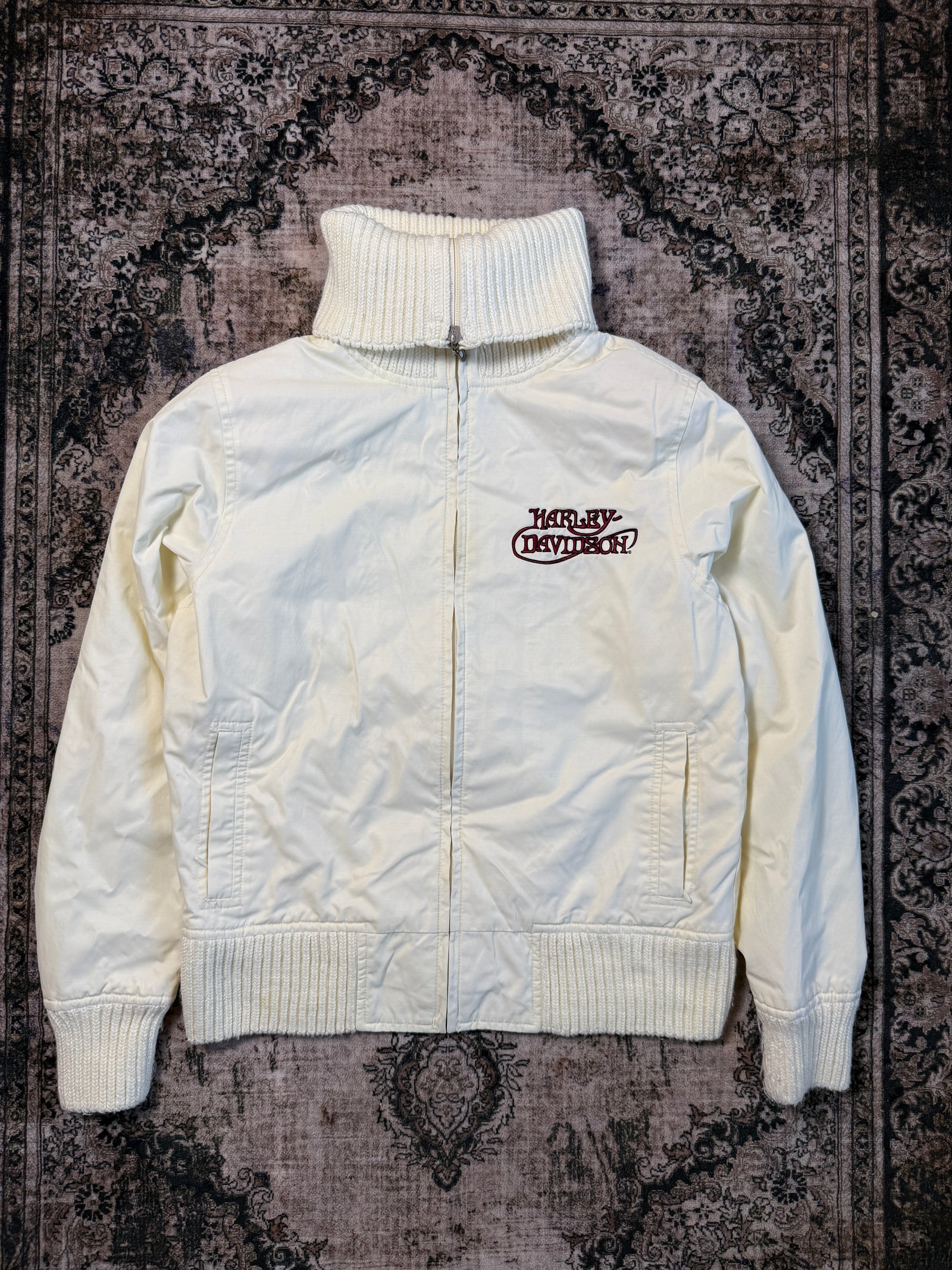 Y2K Harley Davidson Turtleneck Embroidered Ivory Jacket (Size M)