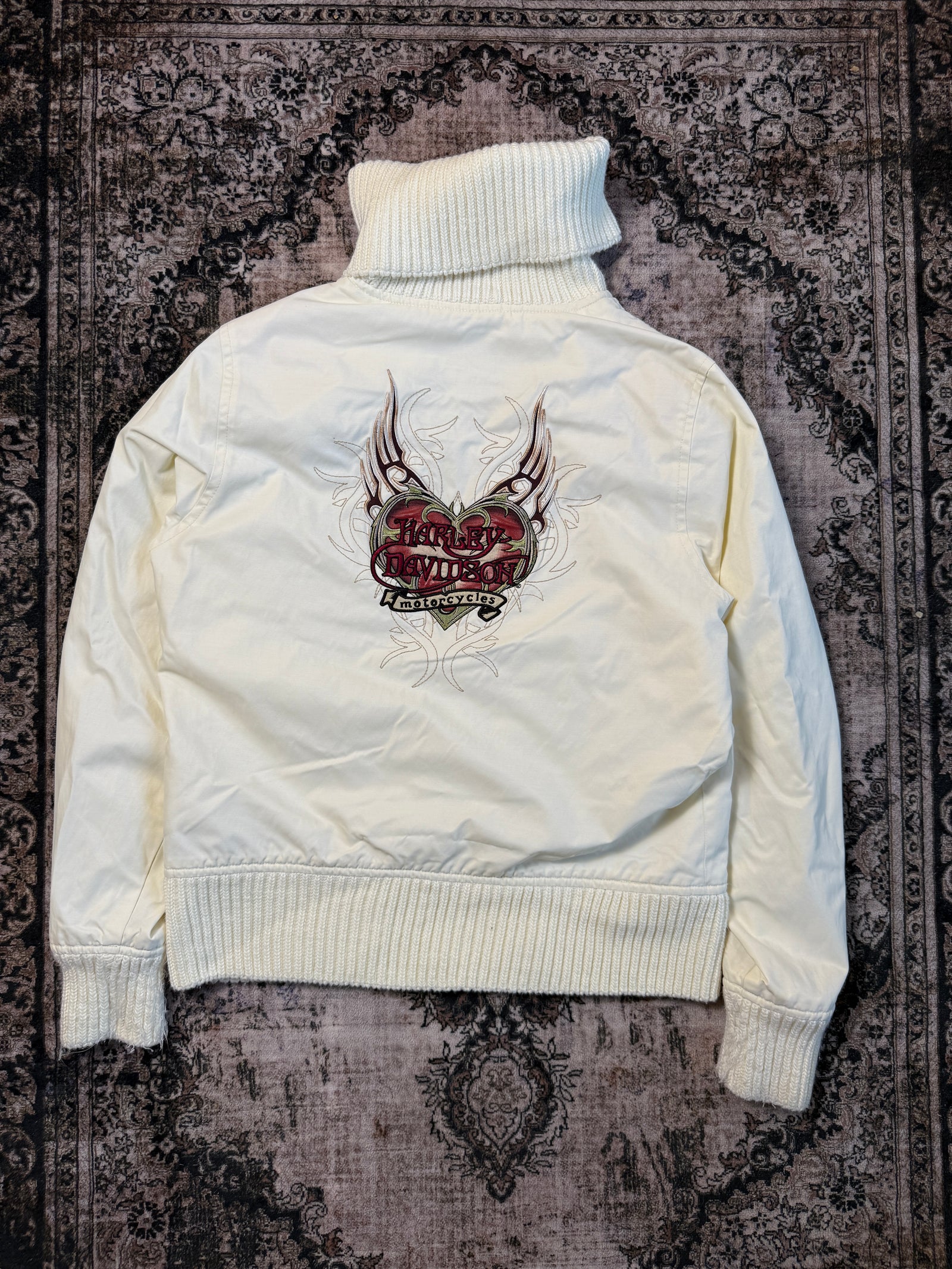 Y2K Harley Davidson Turtleneck Embroidered Ivory Jacket (Size M)