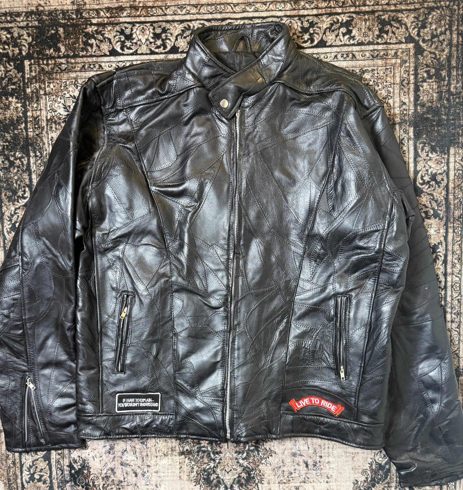 90s VTG Diamond Plate Buffalo Leather Mens Black Motorcycle Jacket (Size Medium)