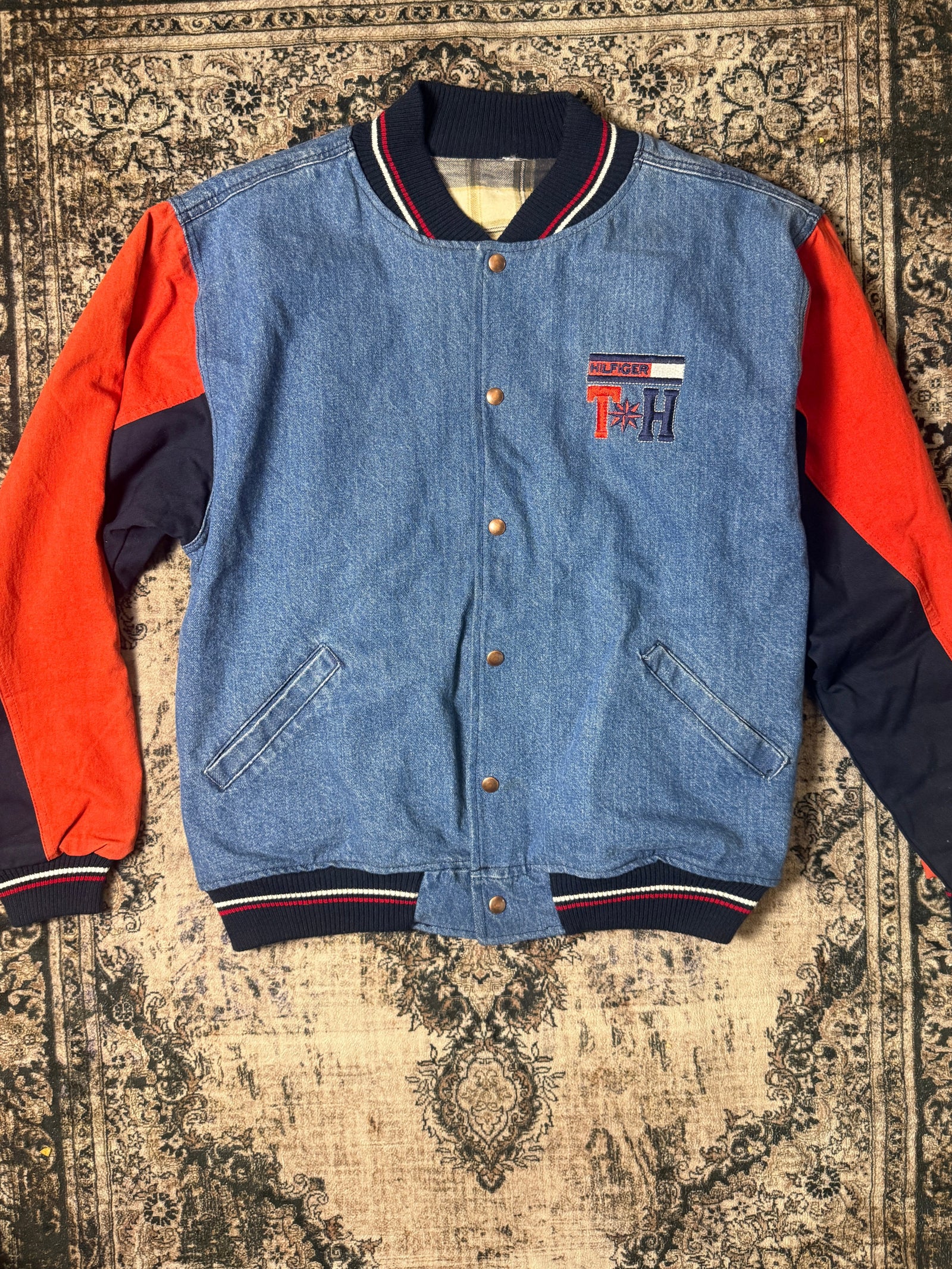 Vintage 90's Tommy Hilfiger Flannel Lined Denim Varsity Jacket (Size M)