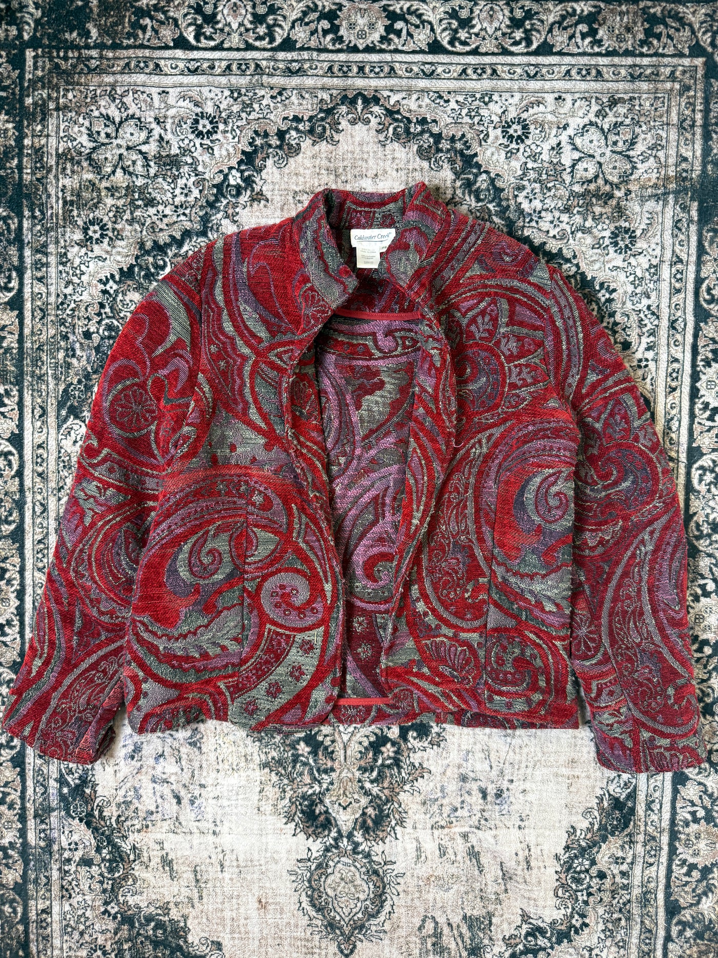 WMNS Red Multi Tapestry Open Front Unlined Jacket (Size S)
