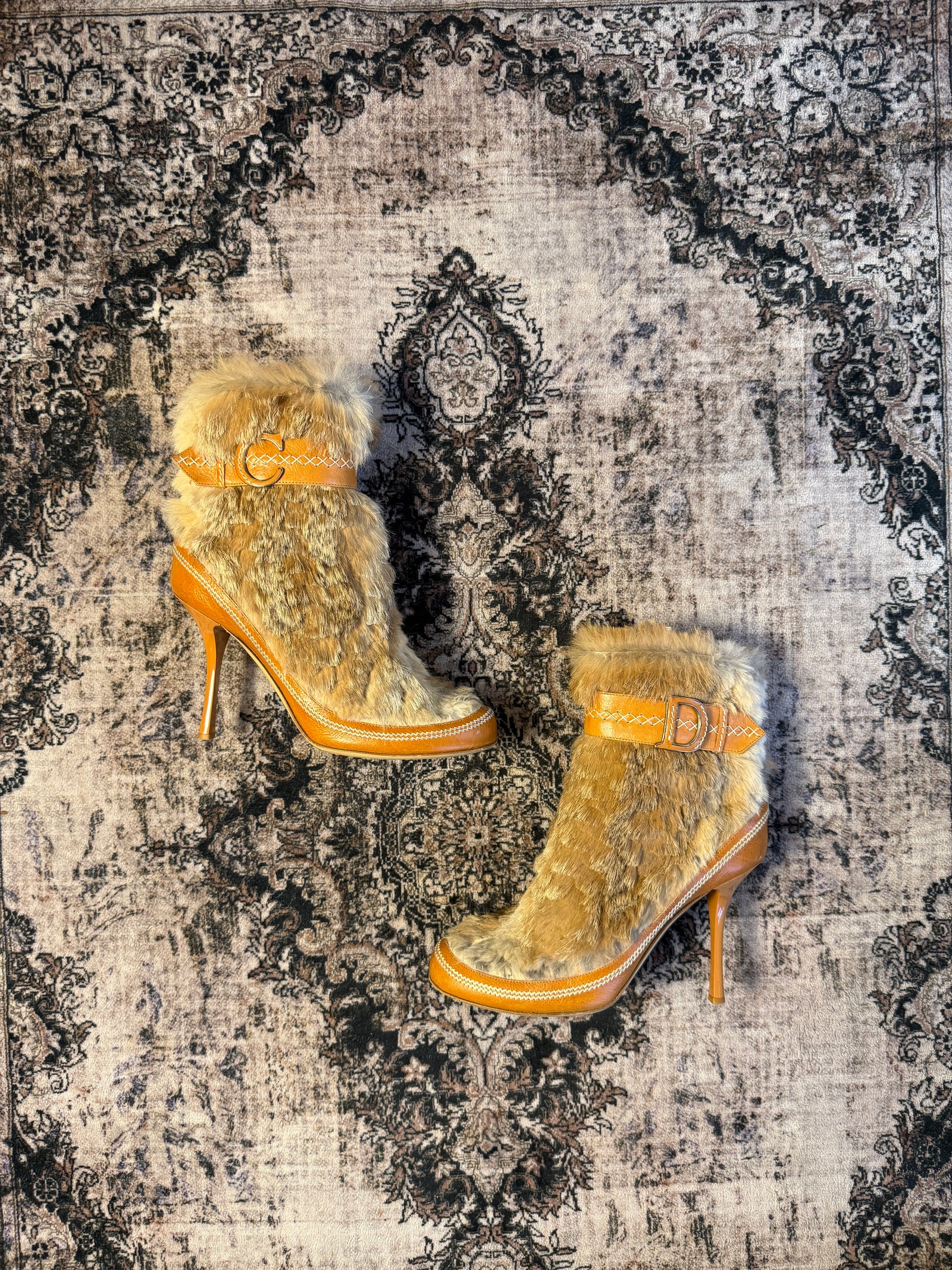 (00s) VTG Runway Christian Dior Rabbit Fur Cuffed Ankle Boots (Size 38)