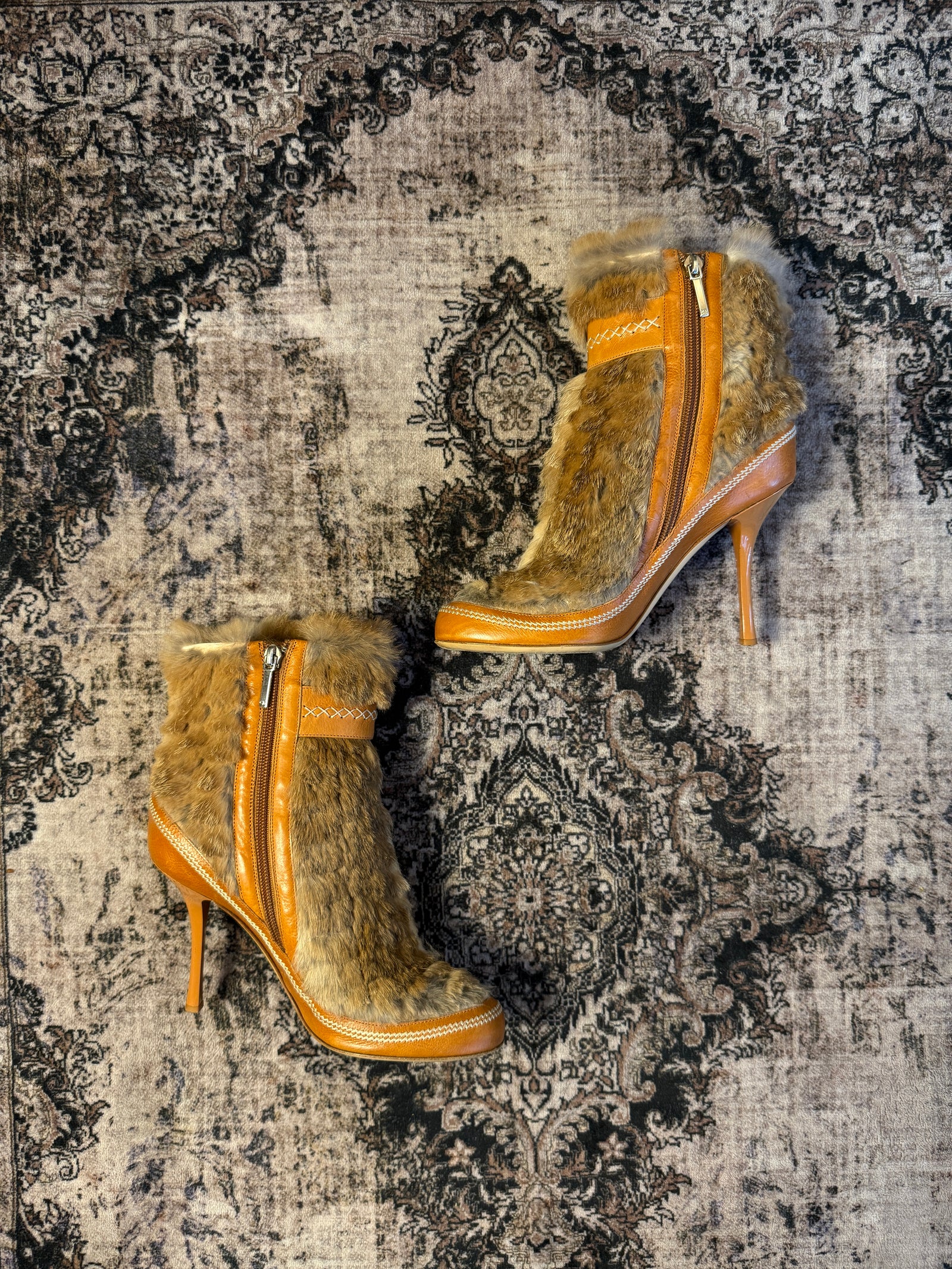 (00s) VTG Runway Christian Dior Rabbit Fur Cuffed Ankle Boots (Size 38)