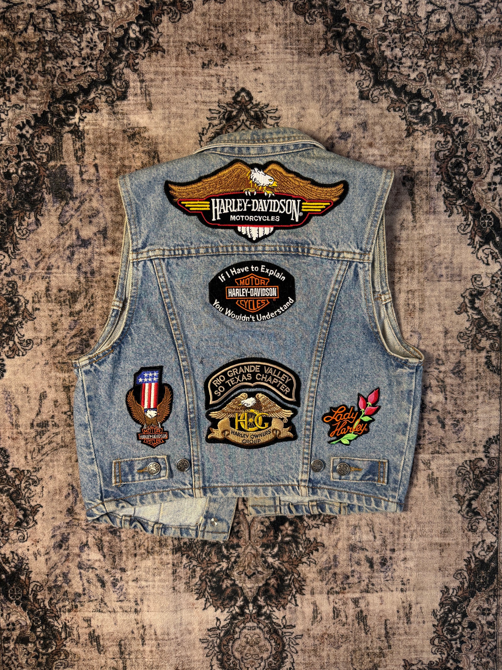 00s Denim Jean Vest w/Harley Davidson Patches and Pins